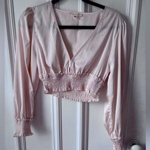 Women’s Mable Silky Shirred Waist Ling Juliet Sleeve V Neck Crop Top Large